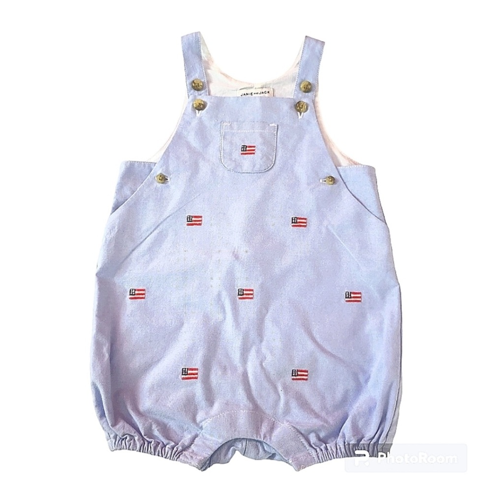 Janie and jack baby overall onesie with embroidered flags size 6 to 12 months